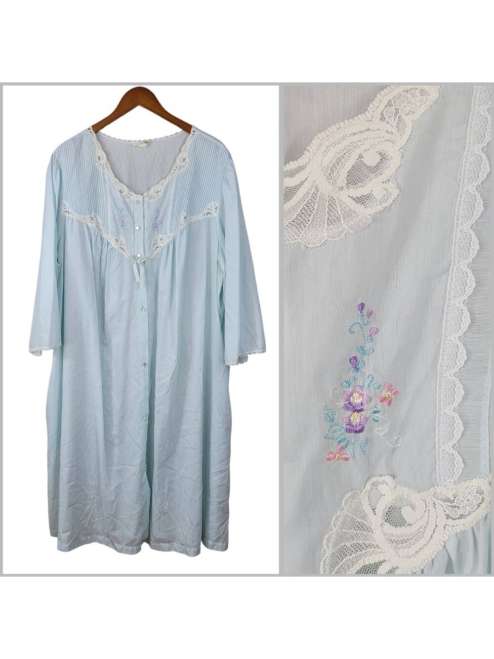 Vintage Housecoat Robe XL 1X Lace Trim Granny Blue Lightweight Midi Nightgown